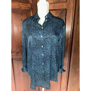 Womens Zara Top Blouse Shirt Satin Animal Print‎ V Neck Collared Size XS - EUC